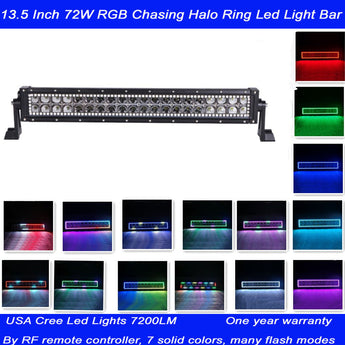 13.5Inch 72W Cree Led Light Bar RGB Flow Halo Ring 7 Solid Color Changing and Many Flash Modes Combo Beam For 4x4 Offroad ATV