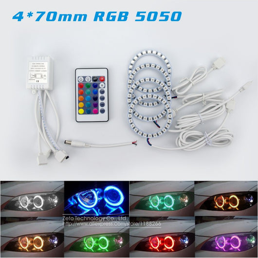 4x Multi-Color 70mm Angel Eyes 24SMD 5050 RGB LED With Remote Control Halo Rings Bulb Flash Car Motorcyle Headlight DRL Fog Lamp