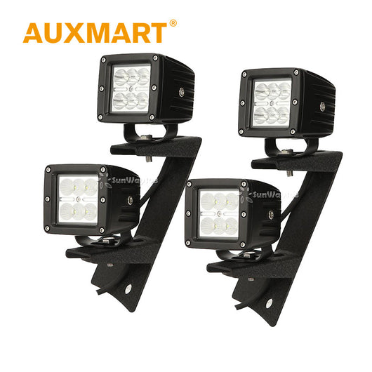 Auxmart 18W CREE Chips LED Work Light Spot/Flood Beam Offroad Light Led +Double Row A-pillar Mount Brackets For Jeep Wrangler JK